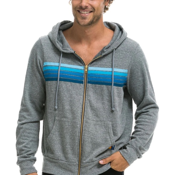 5 STRIPE HOODIE - HEATHER GREY // BLUE - Picture 2 of 4
